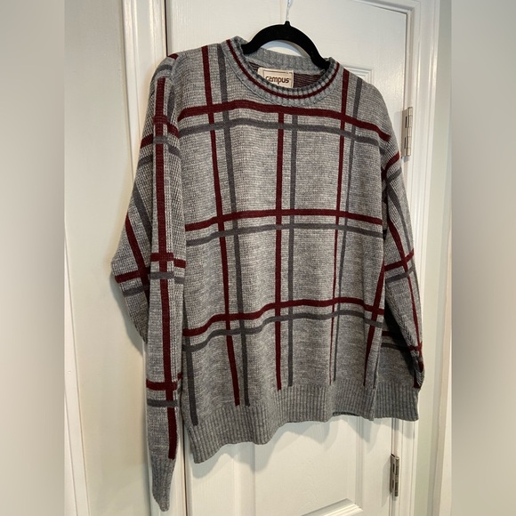 VTG Campus Size L Gray Stripe Plaid Long Sleeve Knit Crew Neck Pullover Sweater - Picture 4 of 10